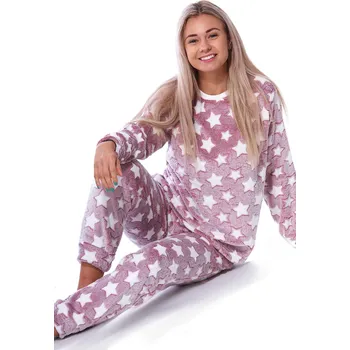 Dámské pyžamo Malinové a bílé extra teplé huňaté pyžamo na zimu pro ženy s hvězdičky 1Z1680 růžová xl