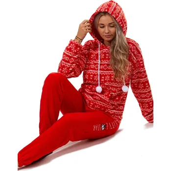 Dámské pyžamo Červené i bílé luxusní hřejivé dámské pyžamo s kapucí, norským vzorem a pejskem LITTLE STAR 1Z1508 červená m