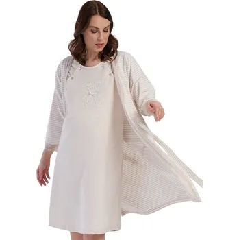 Dámská noční košile Béžový komplet košilka s medvědem a pruhovaný župan do porodnice na kojení 1G0549 béžová xxl