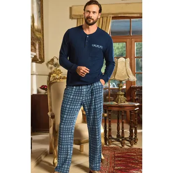 Pánské pyžamo Modré kárované termo hřejivé pyžamo s knoflíky u krku pro muže 1TB0071 modrá m