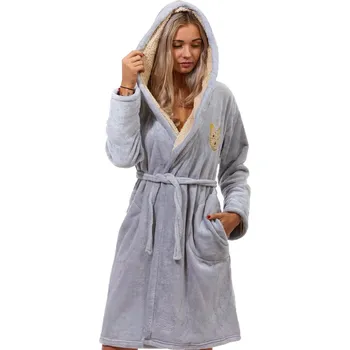 Dámský župan Šedý i béžový dámský župan huňatý z bambusu s beránkovou kapucí a pejskem 1Z1526 šedá l