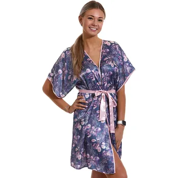 Dámský župan Modro růžový sténový župan pro ženy, květinové listí 1E8459 modrá s