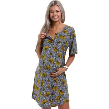 Dámská noční košile Modro bílo žlutá kojící a těhotenská košilka s lístečky 1C3137 vzorovaná 1xl