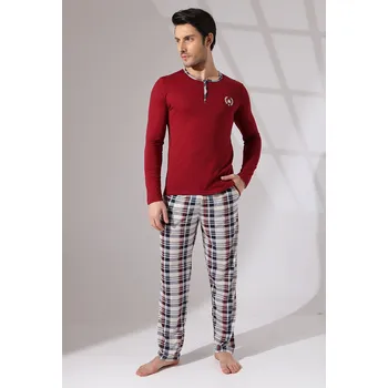 Vínové i šedě kárované pyžamo pro muže na knoflíky u krku s Pavoukem 1P1755 vínová xxl