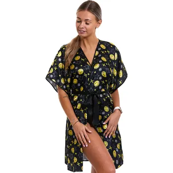 Dámský župan Saténový černo žlutý smajlíkový župan pro ženy 1E8457 žlutá m