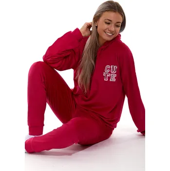 Dámské noční prádlo Růžové sametové teplé dámské pyžamo s kapucí CUTE - velur 1Z1327 růžová m