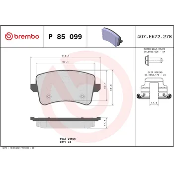 Brzdová destička Sada brzdových destiček, kotoučová brzda BREMBO P 85 099