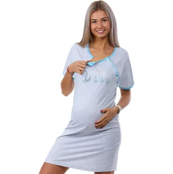 Dámská noční košile Šedá i modrá těhotenská a kojící košile má dvojité propínání na knoflíky KAČENKY 1C3542 šedá s