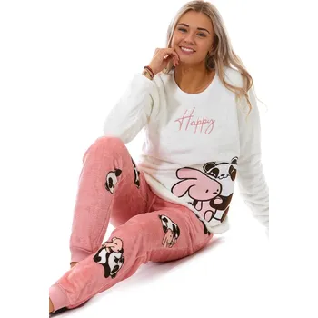 Dámské pyžamo Bílé růžové extra teplé huňaté pyžamo na zimu pro ženy HAPPY objímací panda 1Z1552 bílá xl