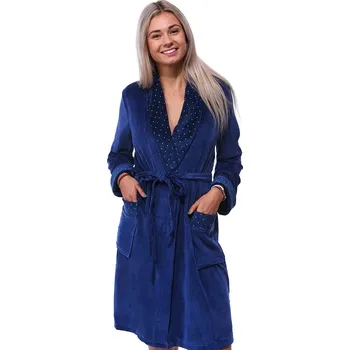 Dámský župan Tmavě modrý sametový hřejivý elegantní i těhotenský župan na kojení BIG pro plnoštíhlé ženy 1TB0065 modrá 1xl