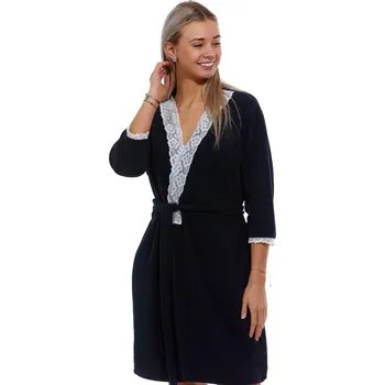 Dámský župan Tmavě modrý hřejivý župan s bílou krajkou pro plnoštíhlé ženy i slečny 1G0517 modrá 3xl