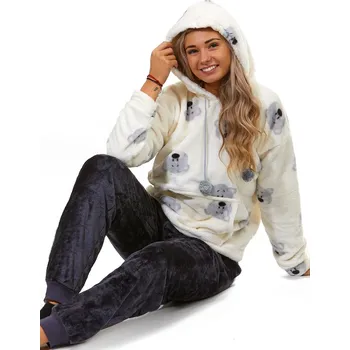 Dámské pyžamo Krémové, šedé i černé extra teplé huňaté pyžamo pro ženy s kapucí MEDVÍDEK 1Z1504 béžová s