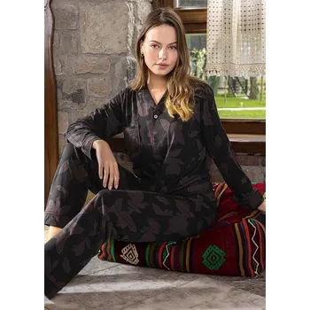 Dámské pyžamo Tmavě fialové a bordó pyžamo kojící elegantní romantické celopropínací na knoflíky, Květinové listí 1B1857 fialová m