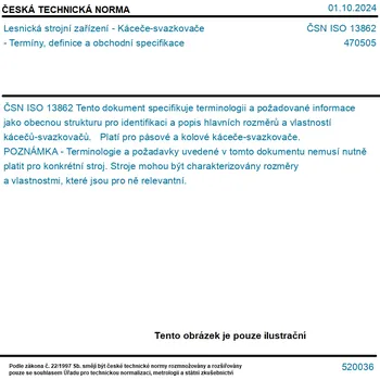 ČSN ISO 13862 - Lesnická strojní zařízení - Káceče-svazkovače - Termíny, definice a obchodní specifikace - Tisk
