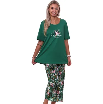 Dámské pyžamo Zelené i duhově barevné květinové pyžamo proplnoštíhlé ženy či dívky s 3/4 nohavicí TODAY is beautiful 1B1950 zelená 6xl