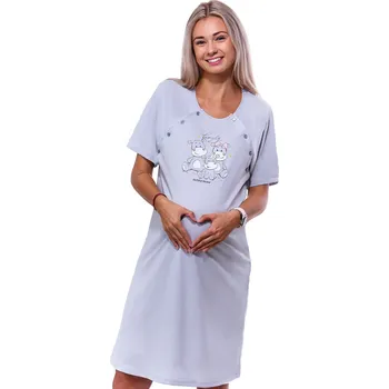 Dámské noční prádlo Šedá kojící noční košilka dvojpropínací na knoflíky s hroší rodinkou pro plnoštíhlé ženy 1C3676 šedá 3xl