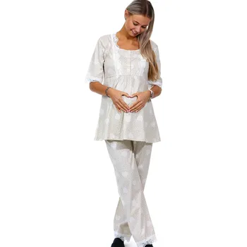 Dámské pyžamo Béžové puntíkaté i srdíčkové kojící i těhotenské pyžamo lemované bílou krajkou 1D1207 béžová xl