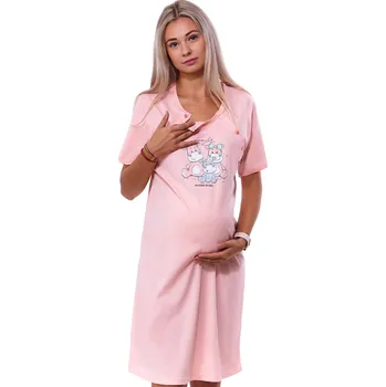 Dámské noční prádlo Růžová kojící noční košilka dvojpropínací na knoflíky s hroší rodinkou 1C3684 růžová xl