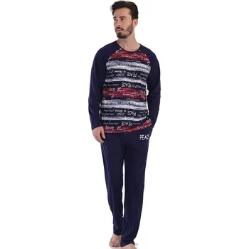 Pánské pyžamo Duhové tmavě modré, bílé, šedé a červené pyžamo pro muže citace a graffiti PEACE 1P1594 modrá s