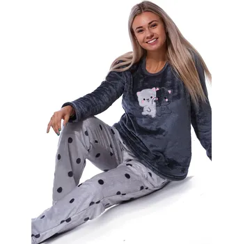 Dámské pyžamo Tmavě šedé puntíkaté extra teplé huňaté pyžamo na zimu pro ženy zamilované kočičky BIG SIZE 1Z1676 šedá 1xl