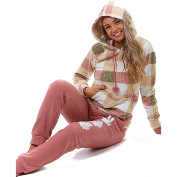Dámské pyžamo Starorůžové, béžové i šedé kostkované luxusní hřejivé dámské pyžamo s kapucí a tři bílý králíci 1Z1560 béžová xl