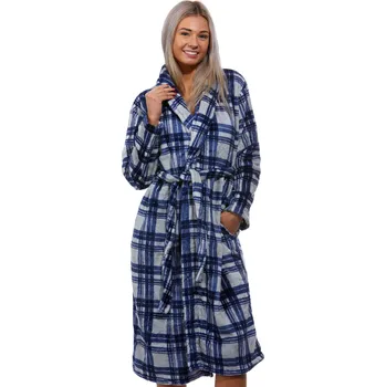 Dámský župan Šedý a modře károvaný extra teplý huňatý župan pro ženy do porodnice na kojení 1Z1408 modrá m