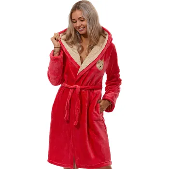 Dámské noční prádlo Jahodově červený i béžový dámský župan huňatý z bambusu s beránkovou kapucí a pejskem 1Z1528 červená s