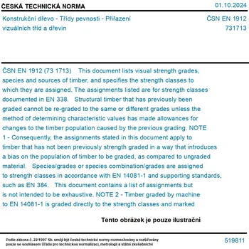 ČSN EN 1912 - Konstrukční dřevo - Třídy pevnosti - Přiřazení vizuálních tříd a dřevin - Tisk