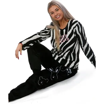 Dámské pyžamo Černošedé extra TEPLÉ HUŇATÉ pyžamo na zimu pro ženy vzor ZEBRA a ZOO 1Z1596 černá s