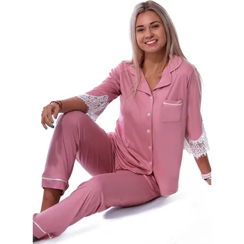 Dámské pyžamo Starorůžové elegantní jemné pyžamo celopropínací s krajkou pro ženy či dívky 1B2127 růžová l