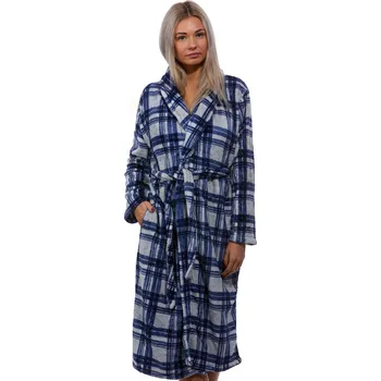 Dámský župan Šedý a modře károvaný extra teplý huňatý župan pro ženy či dívky 1Z1408 modrá xl