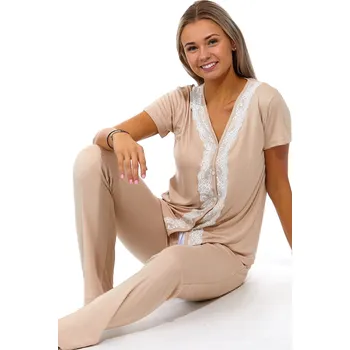 Dámské noční prádlo Béžové dámské pyžamo celo propínací elegantní s krajkou 1B1741 béžová M