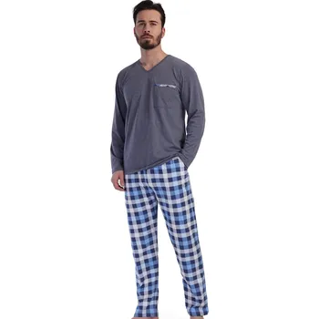 Pánské pyžamo Šedomodré a modře kostkované pyžamo pro plnoštíhlé muže s náprsní kapsou 1P1777 modrá 1xl