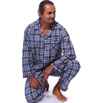 Pánské pyžamo Šedé, modře a vínově kárované klasické bavlněné pyžamo pro muže celopropínací a i s poklopcem 1PF0087 šedá xxxl