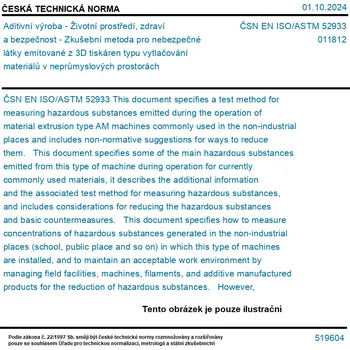 ČSN EN ISO/ASTM 52933 - Aditivní výroba - Životní prostředí, zdraví a bezpečnost - Zkušební metoda pro nebezpečné látky emitované z 3D tiskáren typu vytlačování materiálů v neprůmyslových prostorách - Tisk