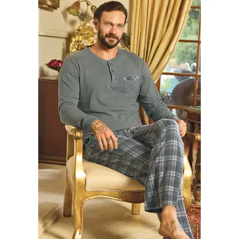Pánské pyžamo Šedé kárované termo hřejivé pyžamo s knoflíky u krku pro muže 1P1809 šedá m