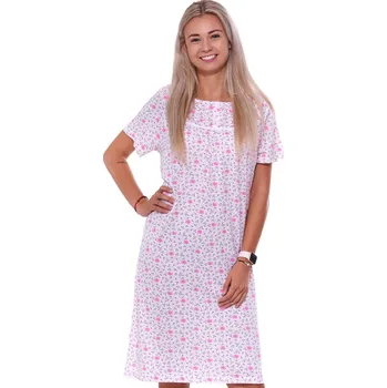 Dámské noční prádlo Růžová dlouhá květovaná noční košilka pro ženy či dívky na knoflíky u krku 1C3633 růžová l