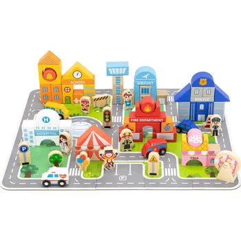 Dřevěná hračka VIGA DŘEVO Stavebnice baby město herní set na puzzle podložce s doplňky v kyblíku | 140900