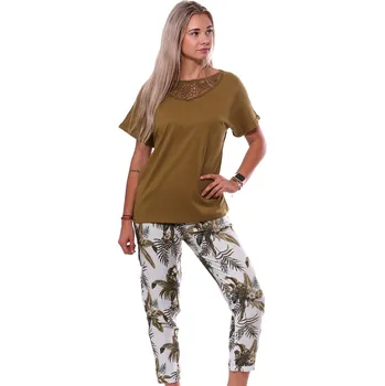 Dámské pyžamo Khaki zelené i bílé jemné luxusní pyžamo pro ženy či dívky DŽUNGLE vzor listí 1B2089 zelená xl