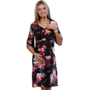 Dámská noční košile Černá šedá, červená i růžová luxusní jemná těhotenská i kojící košilka na zip PIVOŇKY 1D1293 černá l