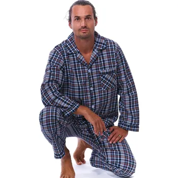 Pánské pyžamo Modré a hnědě kárované klasické bavlněné pyžamo pro muže celopropínací a i s poklopcem 1PF0086 hnědá xxl