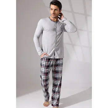Pánské pyžamo Šedé a vínově kárované elegantní celopropínací pyžamo pro muže na patentky 1P1737 šedá l