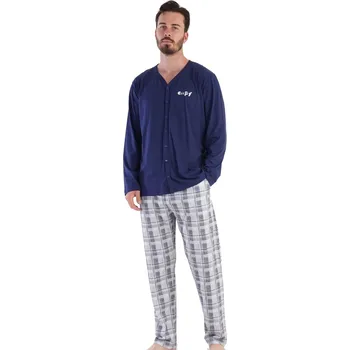 Pánské pyžamo Tmavě modré i šedě kárované celopropínací na knoflíky pyžamo pro muže epyc 1P1570 modrá xxl