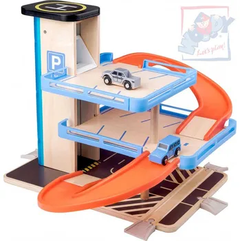 autodráha WOODY DŘEVO Garáž 2 patra parkovací dům s výtahem set se 2 autíčky plast | 528203