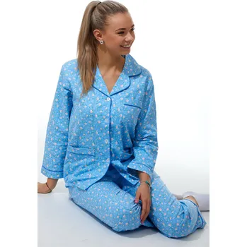 Dámské noční prádlo Elegantní pyžamo na kojení - flanel 1DF0005 modrá xxl