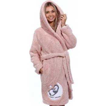 Dámské pyžamo Starorůžový kojící župan extra huňatý se spícím tučňákem na měsíci SLADKÉ SNY 1Z1656 růžová l