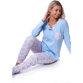 Dámské oblečení Nebesky modré a meruňkově květované TEPLÉ bavlněné pyžamo pro ženy či dívky 1B2107 modrá m