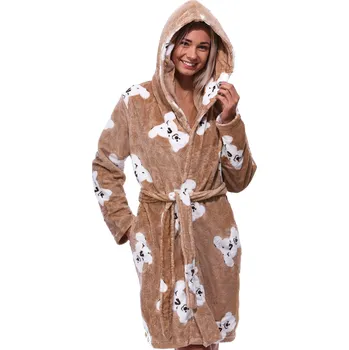 Dámský župan Hnědý i bílý huňatý župan s kapucí a s plyšovými medvídky do porodnice na kojení 1Z1689 hnědá l