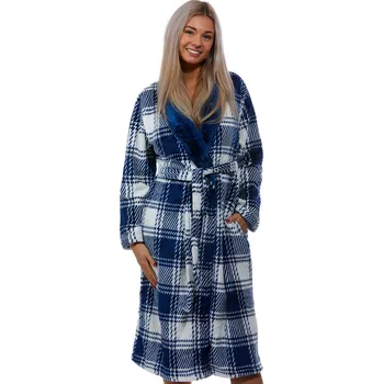Dámský župan Modro bílý župan kostkovaný dámský s límcem z krásného huňatého materiálu do porodnice na kojení 1Z1266 modrá xl