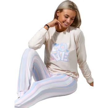 Dámské noční prádlo Smetanové růžové i modré pruhované luxusní hřejivé dámské pyžamo LOVE 1B1814 béžová m